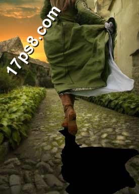 PS合成在夕阳小道上奔跑的女子