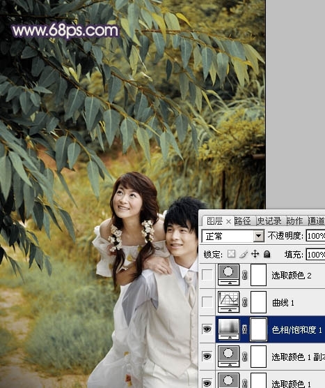 PS调出树林婚片淡雅的中性黄青色