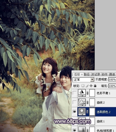PS调出树林婚片淡雅的中性黄青色
