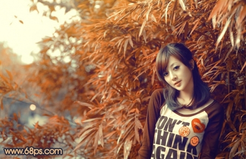 Photoshop调出竹林美女图片甜美的橙红色