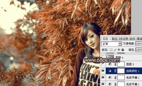 Photoshop调出竹林美女图片甜美的橙红色