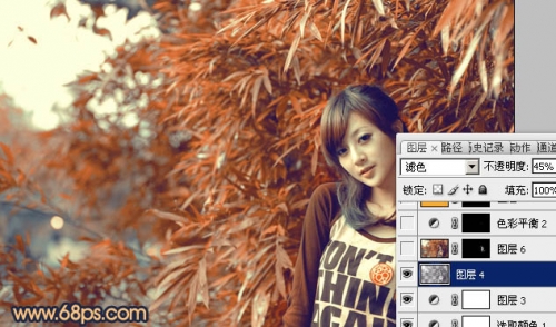 Photoshop调出竹林美女图片甜美的橙红色
