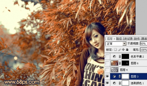 Photoshop调出竹林美女图片甜美的橙红色