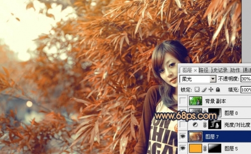 Photoshop调出竹林美女图片甜美的橙红色