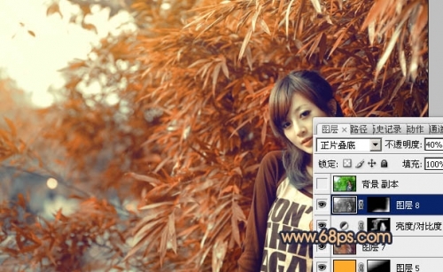 Photoshop调出竹林美女图片甜美的橙红色