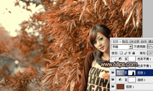 Photoshop调出竹林美女图片甜美的橙红色