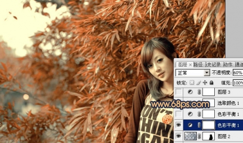 Photoshop调出竹林美女图片甜美的橙红色