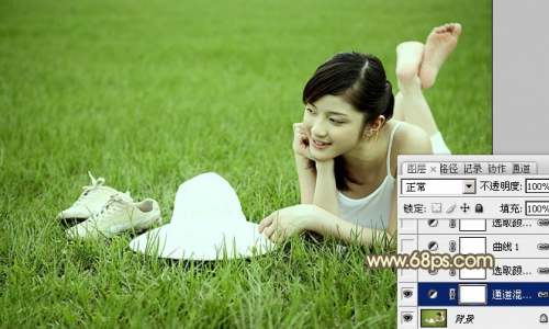 Photoshop给草地美女图片增加柔和的粉黄色