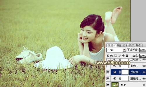 Photoshop给草地美女图片增加柔和的粉黄色