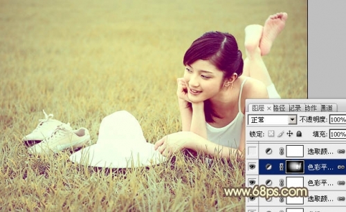 Photoshop给草地美女图片增加柔和的粉黄色