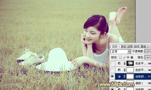 Photoshop给草地美女图片增加柔和的粉黄色