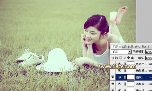 Photoshop给草地美女图片增加柔和的粉黄色