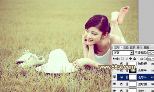 Photoshop给草地美女图片增加柔和的粉黄色