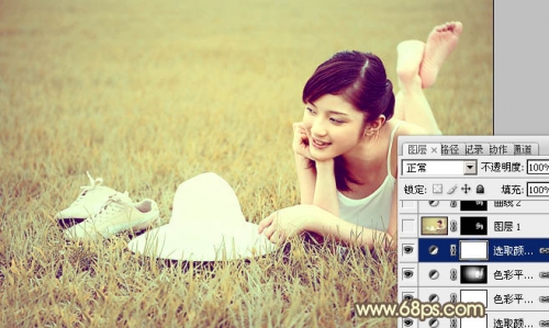 Photoshop给草地美女图片增加柔和的粉黄色